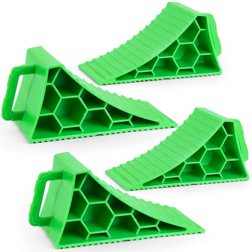 PAHTTO Wheel Chocks 4 Pack, RV Chocks with Handles for RV Trailer Camper Car Truck, Wheel Block Stopper for Tire, Strong RV Wheel Chocks Hexagonal Honeycomb Structure, RV Trailer Accessories, Green - color: Green