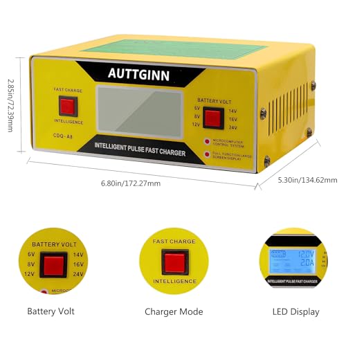 8 Volt Golf Cart Battery Charger 0-14A,6/8/12/14/16/24V Battery Charger Smart Adjustable Car Battery Charger with Upgraded Cable Clamps, Smart Trickle Charger,Battery Maintainer for Car,RV - color: yellow