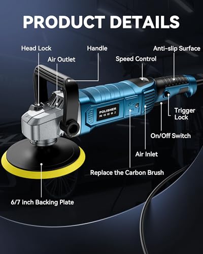 Buffer Polisher Kit for Car - 1600w 6/7 Inch Rotary Polisher Buffer Waxer,7 Variable Speed 1000-3300rpm,Detachable Handle Buffing Machine for Car Boat Sanding Polishing Waxing