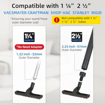 Horsehair Floor Brush for Shop Vac 2-1/2" 1-1/4" Wet Dry Vacuum Hoses, 12" Floorhead Vacuum Attachment with Horse Hair Bristles, 360-Degree Rotation, Black