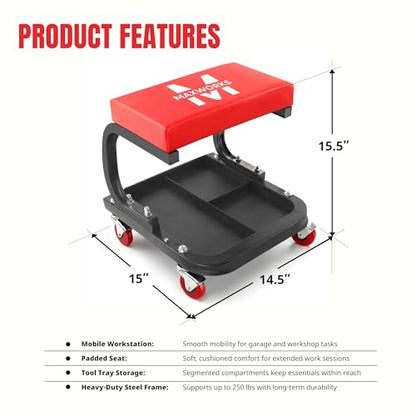 MaxWorks Mechanics Roller Seat - Heavy Duty 250 lb Capacity Rolling Creeper Stool with Padded Seat & 3-Section Tool Tray for Garage & Auto Repair (50875) - style: Rolling Seat Creeper