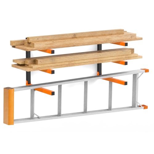 TVKB 2 Pack Heavy Duty Lumber Storage Rack, Wall Mount Wood Rack with 3-Level, Garage Wood Storage Shelves for Lumber, Plywood & Long Tools, Orange, Indoor/Outdoor