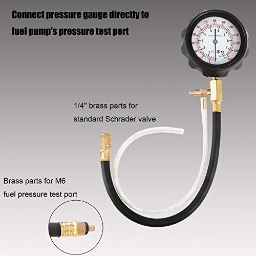 YSTOOL Fuel Pressure Tester Engine Injector Pump Test Gauge Kit 140PSI | Automotive Gasoline Gas Injection Manometer Tool Set with Inline Fitting Schrader Adapter for Auto Car Motorcycle Red Case