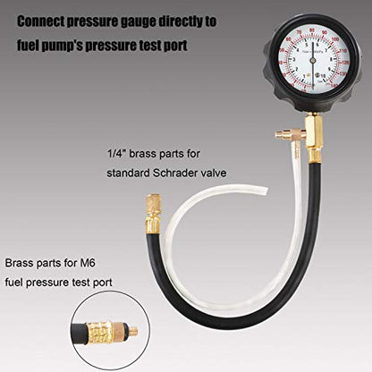 YSTOOL Fuel Pressure Tester Engine Injector Pump Test Gauge Kit 140PSI | Automotive Gasoline Gas Injection Manometer Tool Set with Inline Fitting Schrader Adapter for Auto Car Motorcycle Red Case