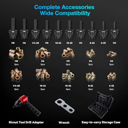 YUZES Rivet Nut Tool Kit for Drill & Ratchet, 10 Mandrels, 50 Rivet Nuts | Rivet Nut Gun Adapter, Fast Riveting, Less Hand Effort, Compact for Tight Spaces, Metric & SAE, Car, RV, Metalwork & DIY