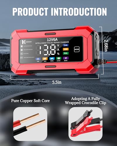 Car Battery Charger and Automatic Trickle Charger, Battery Maintainer with Intelligent Pulse Repair, Digital Display, Trickle Charger for Car Battery 12V 6A for AGM, LiFePO4, Motorcycle Batteries