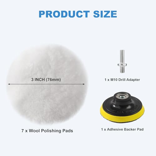 S SATC Wool Polishing Buffing Pad Set with 5PCS 3 Inch Wool Buffing Wheel for Drill, Hook and Loop Back Pad with M10 Drill Adapter, Compound Waxing and Polishing for Car Polisher - size: 3 Inches-7PCS