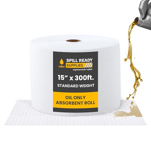 Spill Ready Oil Absorbent Pads Roll 15" x 300' - Hydrophobic Absorbent Mat, Absorbs Up to 40 gal. per roll - Perforated Sorbent Mat Roll for Oil & Fuel Spills, Oil Absorbing Sheets - White Oil Pads | Ideal for Marine, Industrial & Maintenance Areas - colo