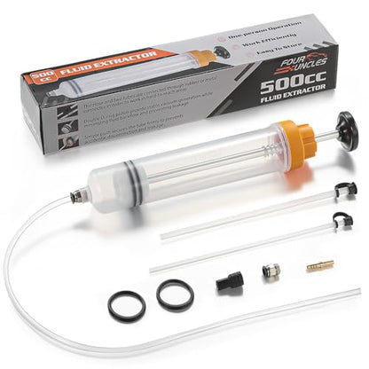 FOUR UNCLES 500cc Fluid Transfer Syringe with Hose for Oil Service | 500cc Capacity,Extended Reach Hose,Aluminum Handle,Professional Control,Heavy-Duty Service Tool - size: 500cc(70cm hose)
