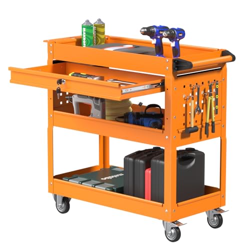 3 Tier Rolling Tool Cart, Heavy Duty Service Cart on Wheels for Mechanics,400 LBS Utility Cart with Drawers for Garage, Warehouse & Repair Shop (Orange, Tool carts) - color: Orange