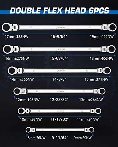 DISEN Extra Long Flex Head Ratcheting Wrench set, 6Pcs Double Box End Long Reach Ratchet Wrench Set Metric 8-19mm, CRV Steel, with Pouch, Gifts for Father, Man - style: Single Jointed Set