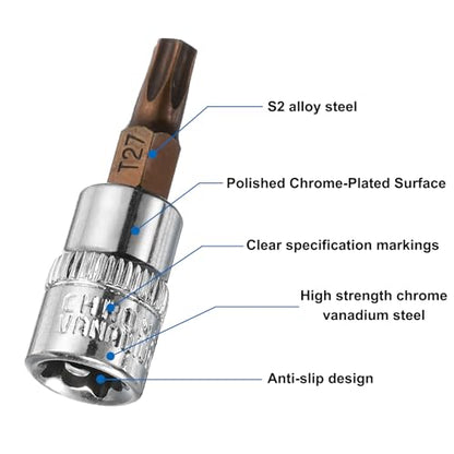 uxcell 3pcs 1/4" Drive x T27 Torx Bit Socket, S2 Steel Bits CR-V Sockets 38mm Length Use with Ratchet Wrench, Slide Bar, Extension Rod - size: T27