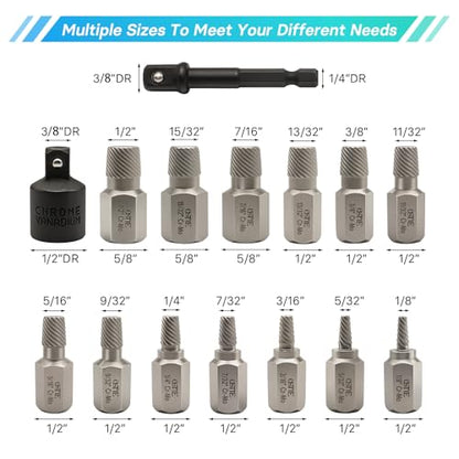 15Pcs Bolt Extractor Kit, 3/8" Multi-Spline Drive | Easy Out Set, Cr-Mo Steel for Stripped/Broken/Rusted Bolts & Screws, Hex Multi-Spline Remover, Storage Case - size: 15 Piece