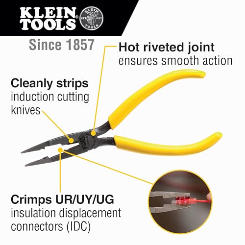 Klein Tools VDV026-049 Crimping Long Nose Pliers With Curved Handles, Grooved Jaws and Induction Hardened Steel