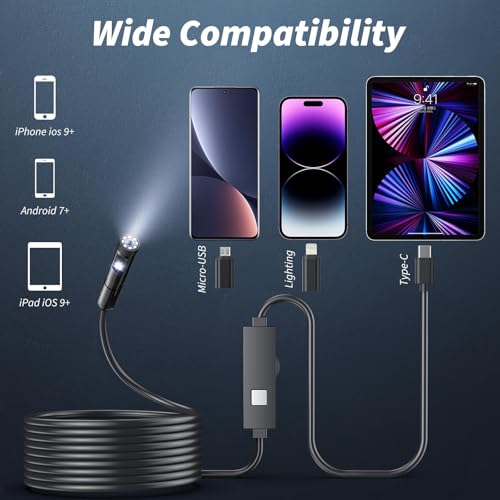 Endoscope Camera with Light,1920P HD Borescope Tools with 8 Adjustable LED Lights, Endoscope with Semi-Rigid Snake Camera, IP67 Waterproof Inspection Borescope for iOS and Android-16.4ft Dual-Lens - size: 16.4ft, style: Dual-Lens