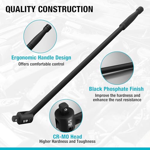 DURATECH 1/2" Drive 24-Inch Heavy Duty Breaker Bar with 240° Flex Head | Spring-loaded Detent Ball, CR-MO Head, Premium Black Phosphate Finish, Ideal for Industrial, Construction, and Mechanic Tasks - color: Black, size: 24 in