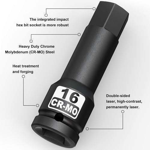 1/2" Drive 16 mm Hex Impact Bit Socket, H16 Allen Bit Socket, Metric, Cr-Mo Steel, Automotive Repair Industrial Maintenance and DIY Enthusiasts Alike - size: 1/2" H16 Deep