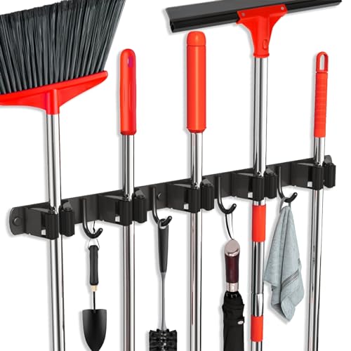 Mop and Broom Holder Wall Mount, Upgraded Broom Hanger Wall Mount, Stainless Steel Broom Organizer for Closet Garage Laundry Room Kitchen Wall Decor(5Racks 4Hooks Black) - color: Black, size: 5Racks 4Hooks