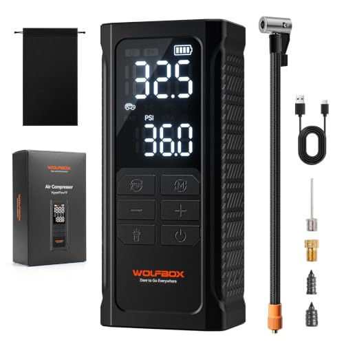 WOLFBOX HyperFlow19 Tire Inflator Portable Air Compressor, Cordless Air Pump for Car Tires with Digital Pressure Gauge, Auto Shutoff & LED light, Tire pump for Car, Motorcycle, Bike