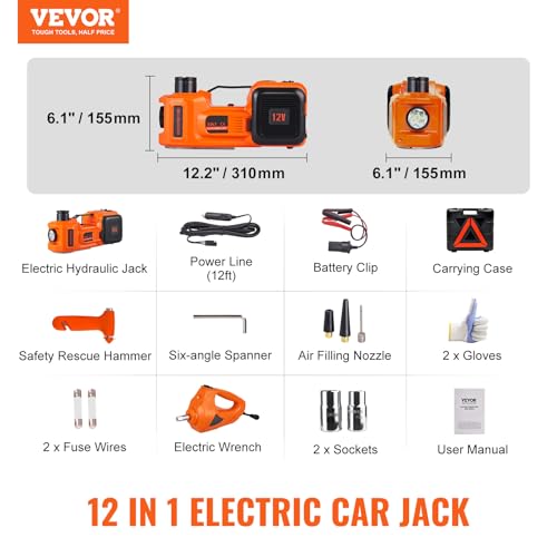 VEVOR Electric Car Jack 5 Ton with Electric Impact Wrench & Inflator Pump | 12V 11023 lbs Hydraulic Floor Jack, Portable Tire Changing Kit, with LED Light, for SUV Sedan Truck, Garage Repair Tool