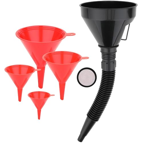 5-Piece Automotive Oil Funnel Set with Flexible Neck, Filter Screen, Wide Mouth for Gas, Oil, Coolant, Engine Oil