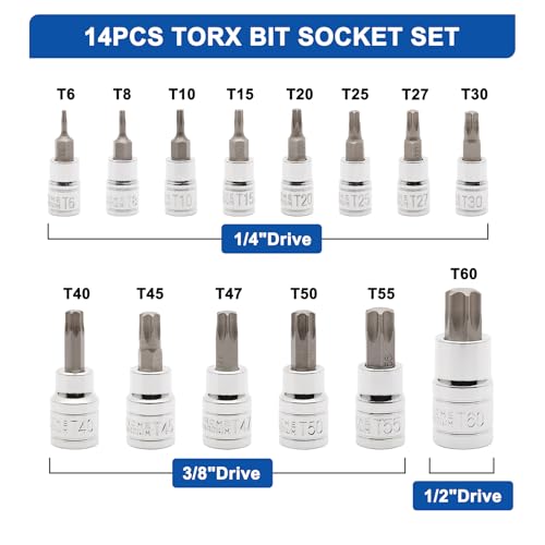 Mayouko 14PCS Torx Bit Socket Set, T6-T60, 1/4-Inch, 3/8-Inch and 1/2-Inch Drive, S2 and Cr-V Steel, Star Bits Socket Set
