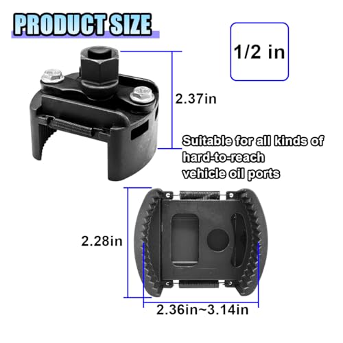 Adjustable Oil Filter Wrench Removal Tool, 60-80 mm (2.36-3.15 inch) Heavy Duty Oil Filter Tool with 2 Serrated Jaws, 1/2" Drive Cap Style Oil Filter Socket Wrench, Oil Filter Remover Tool (60-80 mm)