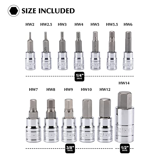 EMENTOL 13PCS Hex Bit Socket Set, Metric, CR-V, S2 Steel, 1/4", 3/8" and 1/2" Drive, Bit Socket Tool Kit, 2mm-14mm, Allen Bit Socket Kit - size: 13PCS (Metric)