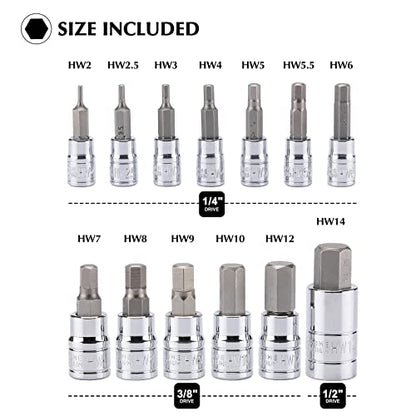 EMENTOL 13PCS Hex Bit Socket Set, Metric, CR-V, S2 Steel, 1/4", 3/8" and 1/2" Drive, Bit Socket Tool Kit, 2mm-14mm, Allen Bit Socket Kit - size: 13PCS (Metric)