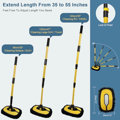 YeewayVeh Car Wash Brush Mop with Long Handle, 55" Car Wash Brush with 2 Replaceable Microfiber Mop Heads, 15° Curved Extension Pole Auto Cleaning Wash Kit for Truck SUV RV Camper, Yellow - color: Yellow & Black