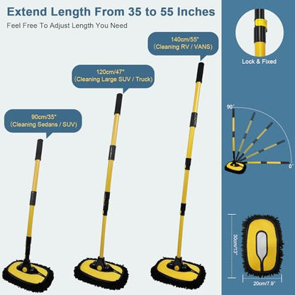 YeewayVeh Car Wash Brush Mop with Long Handle, 55" Car Wash Brush with 2 Replaceable Microfiber Mop Heads, 15° Curved Extension Pole Auto Cleaning Wash Kit for Truck SUV RV Camper, Yellow - color: Yellow & Black