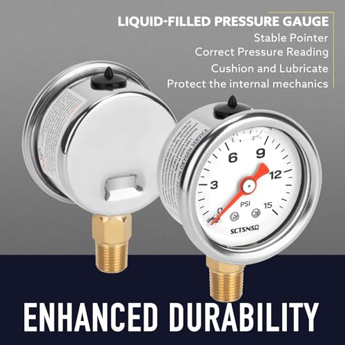 0-15 Psi Fuel Pressure Gauge, 1.5" Dial Size, 1/8" NPT Lower Mount, Stainless Steel Case, Glycerin Liquid Filled, Inline Low Pressure Gauge, for Oil Water Air Pressure Test - size: 0-15 Psi, style: Lower Mount