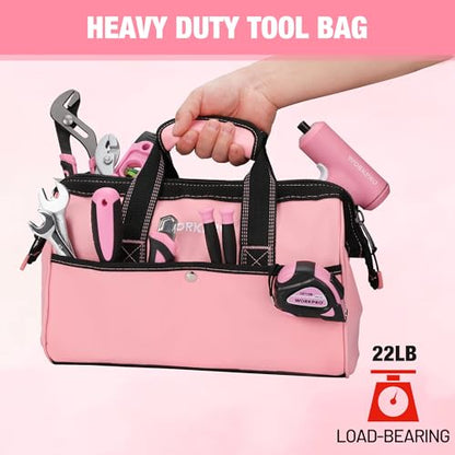 WORKPRO 13-Inch Tool Bag, Pink Soft Cloth Tool Storage Bags, Wide Mouth Tool Tote Bag with Inside Pockets - Pink Ribbon | Soft Cloth, Wide Mouth, Tool Tote Bag - color: Pink
