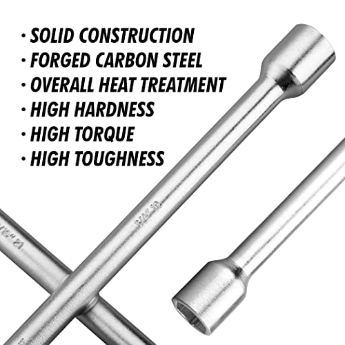 CARTMAN 14 Inch Heavy Duty 4 Way Universal Cross Lug Wrench Tire Iron | Built with sturdy thick steel structure, 4 integrated sockets sized 17/19mm & 21/22mm for effortless vehicle tire maintenance - size: 14" Chrome