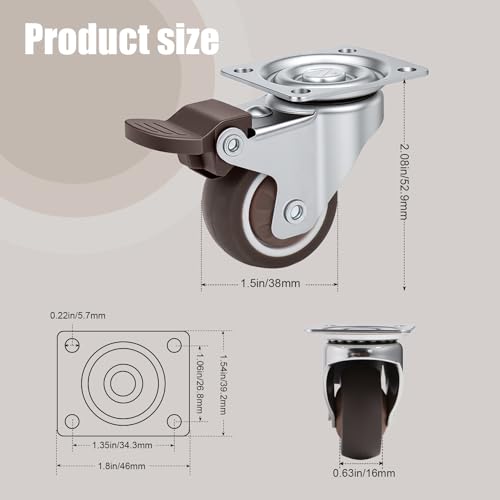 Nefish 1.5 Inch Caster Wheels Rubber Castor with Brake 360 Degree Rotation Top Plate Swivel Casters for Furniture, Table and Toolbox, 300 Pounds Capacity for Set of 4 (Free Screws and Screwdriver) - style: 1.5 IN (4 Pack)