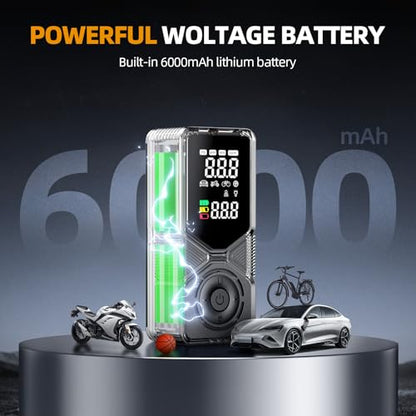 Portable Tire Inflator 150 PSI Cordless Air Compressor | 6000mAh Power Bank, 12V DC Dual Supply, Auto Shut-Off Digital Gauge, Adapters for Car, SUV, Motorcycle, Bike, Ball