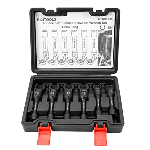 BILITOOLS 6PCS Long Flex Head Crows Foot Line Wrench Set 3/8" Drive | Injector Fuel Line Sockets Wrench Set, Crowfoot Flare Nut Socket Wrench, Metric 12 14 16 17 18 19 mm, Storage Box - style: Long Flex Head Wrench Set