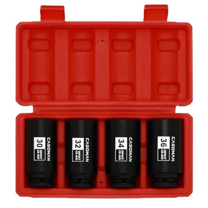 CASOMAN 1/2-Inch Drive Deep Spindle Axle Nut Impact Socket Set,12 Point Metric, CR-MO, 30,32,34,36mm, 4-Piece 1/2" Heavy Duty Impact Socket Set - size: 4pcs