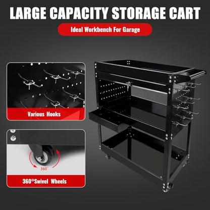 BHB 3 Tier Rolling Tool Cart Box On Wheels with Lockable Drawer, Heavy Duty Capability Tool Cart for Mechanics, Large Storage Organizer Utility Cart, for Garage Warehouse Repair Shop, 350 Lbs Load - style: With Drawer