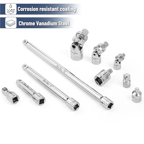 Bates- Socket Accessory Set, 10 pcs, Silver, 3/8" Extension Set, 1/4", 3/8" & 1/2" Drive Universal Joints & Socket Adapter Set, 3/8 Extension Set - color: Silver, size: 10 pcs