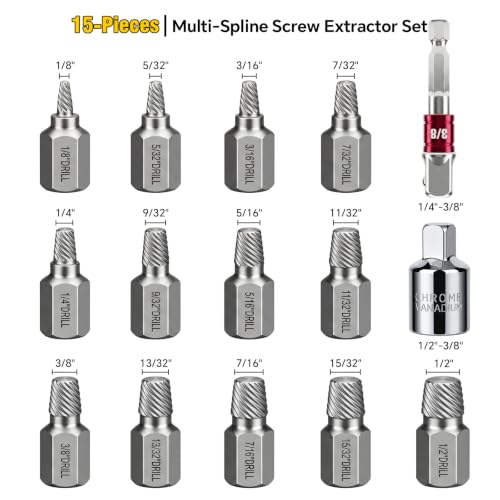 15Pcs Screw Extractor Set, Easy Out Bolt Extractor Kit | Removes damaged bolts/screws easily. 15 sizes 1/8-1/2" w/ adapters. Cr-Mo steel, hex multispline for power/hand tools.