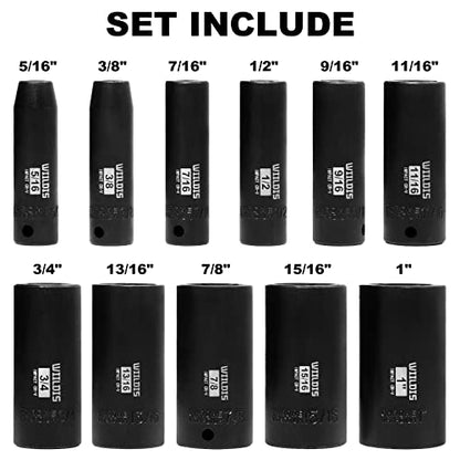 WIILDIS 11 Pieces 3/8-Inch Drive Deep Impact Socket Set, 5/16 to 1 inch, CR-V, SAE, 6 Point, Deep, 11 Pieces 3/8" Dr. Socket - size: SAE - 11pcs