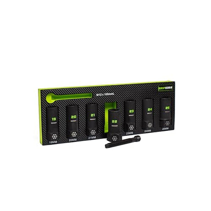 GRIPEDGE Tools | 7-PC – 1/2'' Drive Deep Metric RPT Socket Extractor Set | Sizes 19 – 25 MM | Removes Broken Studs, Stripped Bolts and Lug Nuts | Includes Premium EVA Foam Storage|