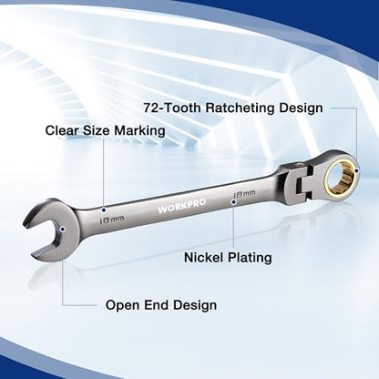 WORKPRO 22-Piece Flex-Head Ratcheting Wrench Set, Ratchet Combination Wrench Sets with Organizer Box, Nickel Plating, 72 Teeth, Metric 6-18mm & SAE 1/4-3/4" - style: Flex-head & Nickel Plating