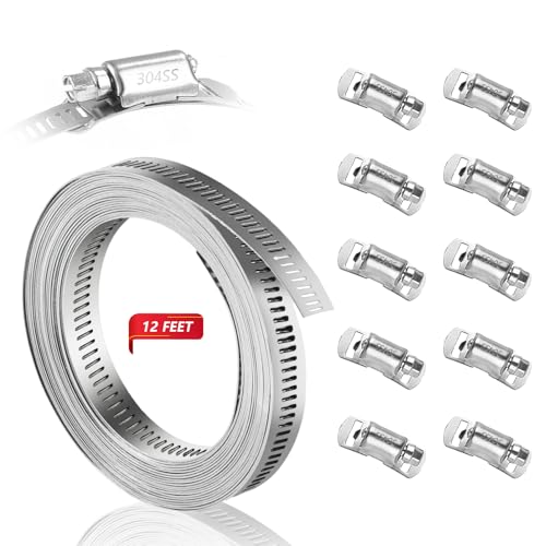 Hose Clamps 304 Stainless Steel, DIY 12FT Metal Strap + 10 Stronger Fasteners, Large Adjustable Hose Clamp Pipe Clamp for Plumbing, Washing Machine, Mechanical - size: 12 FT Metal Strap + 10 Fasteners