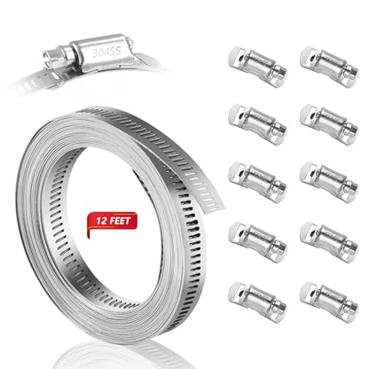 Hose Clamps 304 Stainless Steel, DIY 12FT Metal Strap + 10 Stronger Fasteners, Large Adjustable Hose Clamp Pipe Clamp for Plumbing, Washing Machine, Mechanical - size: 12 FT Metal Strap + 10 Fasteners