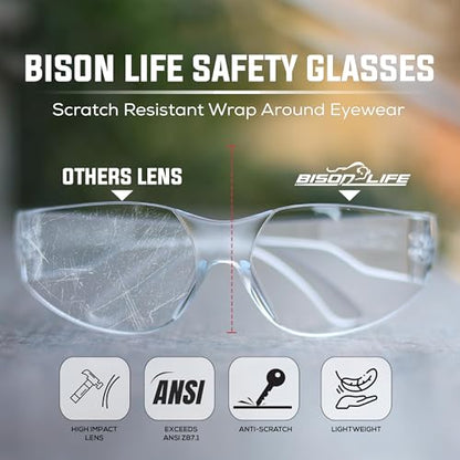 BISON LIFE Clear Safety Glasses – ANSI Z87.1 Certified Scratch & Impact Resistant Eye Protection Goggles for Men & Women - color: Clear/Clear