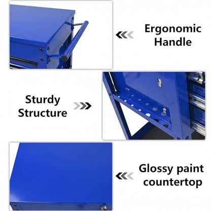 Rolling Tool Chest with Metal Top, 3-Drawer Tool Cart with Wheels, Blue | Ball-Bearing Slides, Powder-Coated Finish, Side Tool Rack, Lockable, Locking Brakes, Ergonomic Push Handle - color: Blue