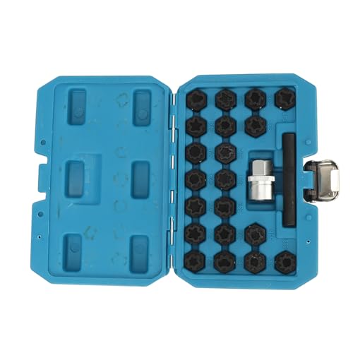 22pcs Wheel Lock Removal Tool Kit, 20 Different Sockets for Locking Lug Nuts, 1/2 Inch 85mm Socket Adapter, Chrome Molybdenum Steel Construction, Universal Automotive Lock Nut Remover Set
