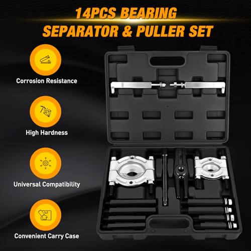 GOOACC 14pcs Bearing Puller Kit, 5 Ton Capacity Bearing Separator with 2" and 3" Jaws, Wheel Bearing Removal and Hub Axle Puller Set, Heavy Duty Gear Splitter Tool Kit, Pinion Pullers with Case, Black - color: 14pc Bearing Puller Black